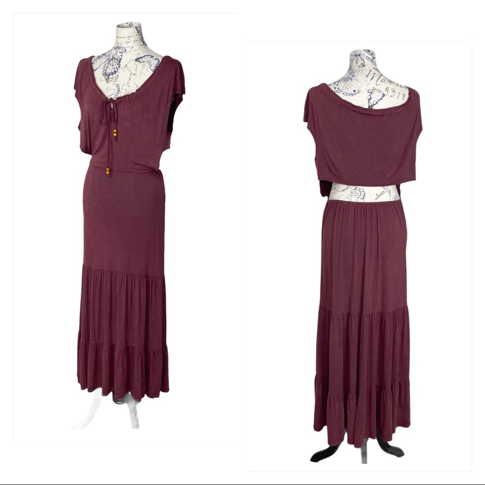POL Burgundy Boho Tiered Ruffle Maxi Dress